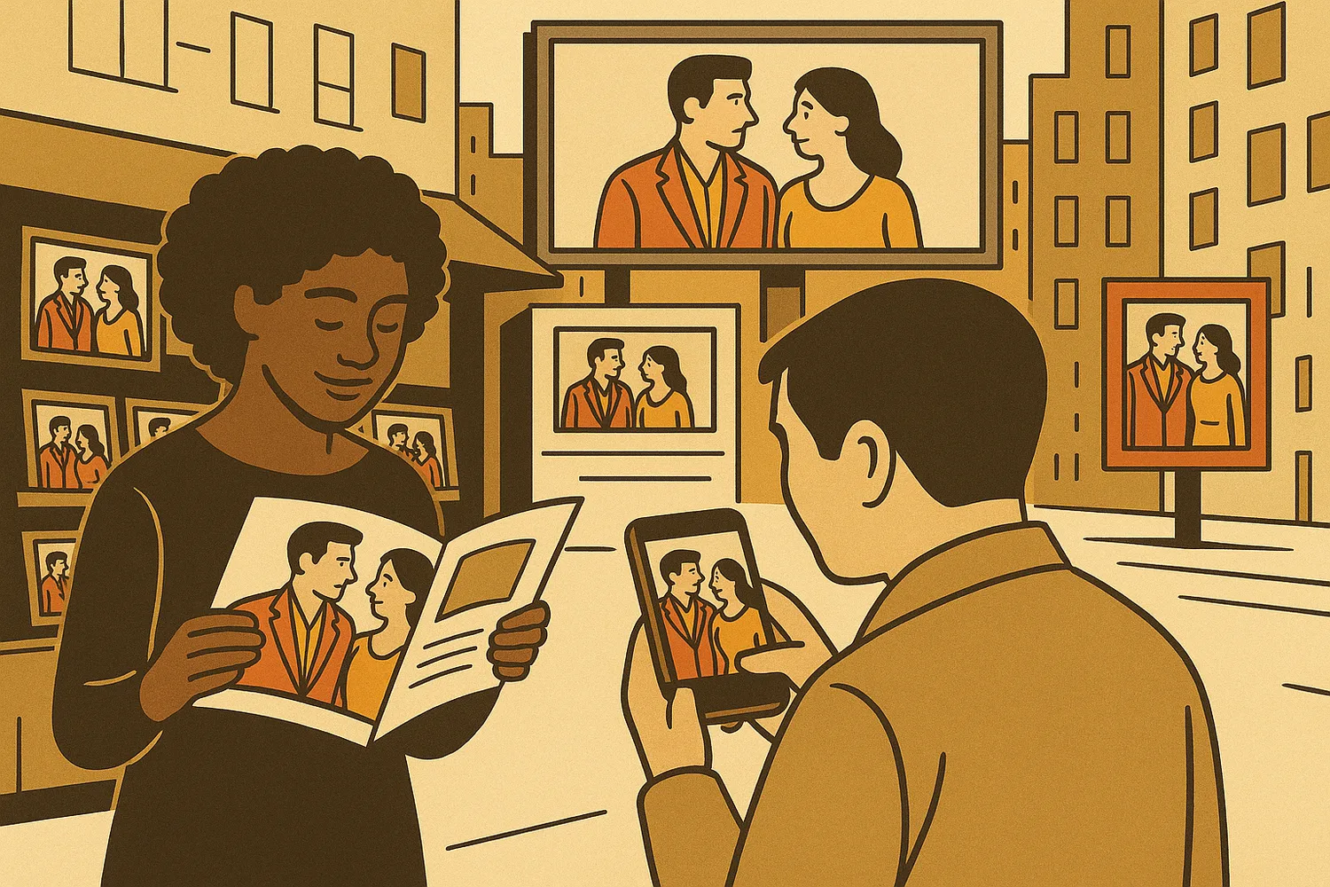 The couple appearing everywhere their audience looks — a brochure, a phone screen, billboards and framed photos across a warm city