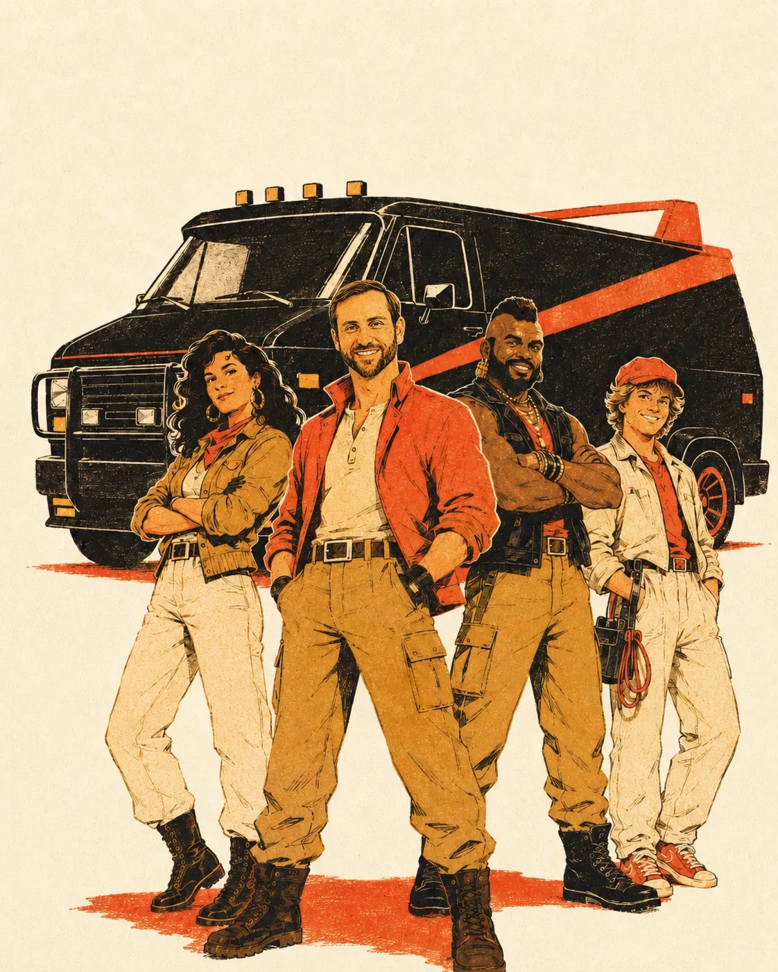 Riso-style illustration of the Eternia crew in front of a black-and-persimmon van