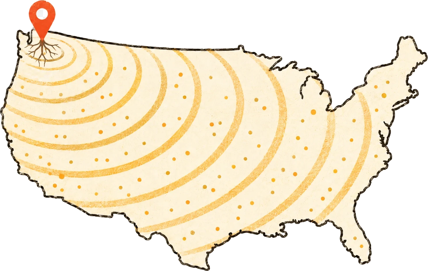 Hand-drawn map of the United States with a location pin rooted in Olympia, Washington, and rings radiating out across the country