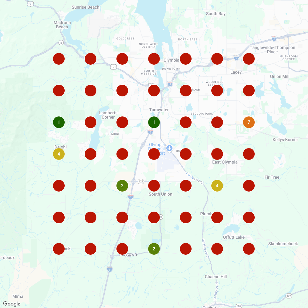 Capitol Painting local search rankings before — mostly red, not ranking across the Olympia service area