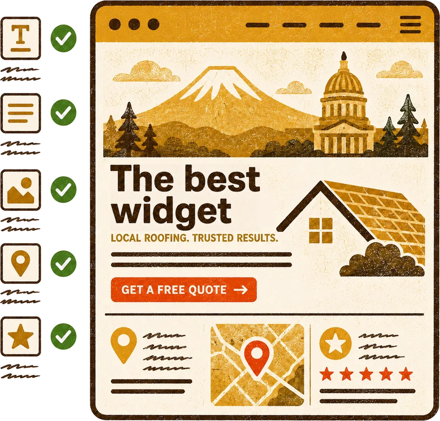 An expertly structured page — headline, imagery, location and review signals all checked off